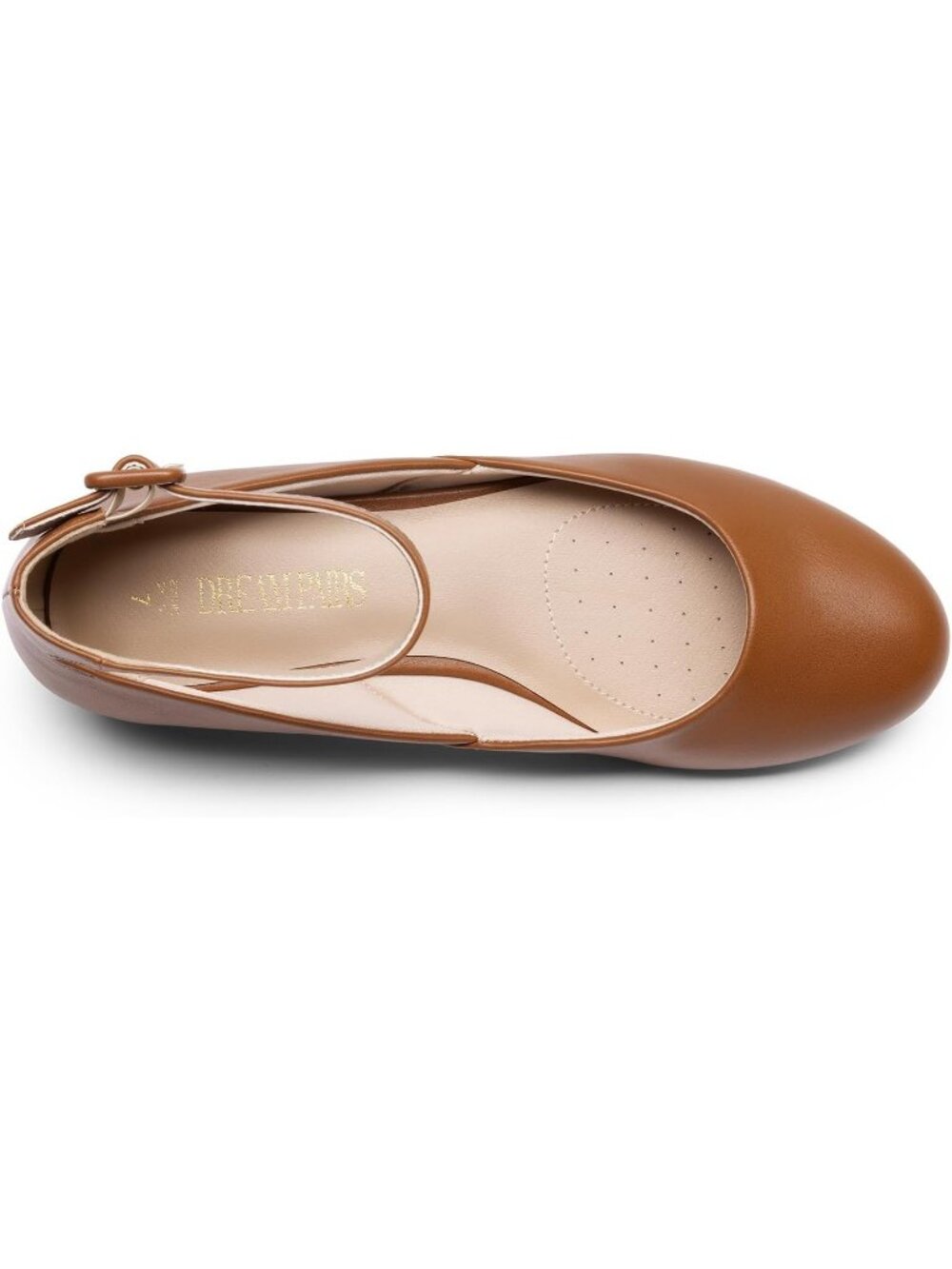 Women's Brown PU Ankle Strap Ballet Flat Low Wedge Round Toe Comfortable Shoes - Picture 4 of 6